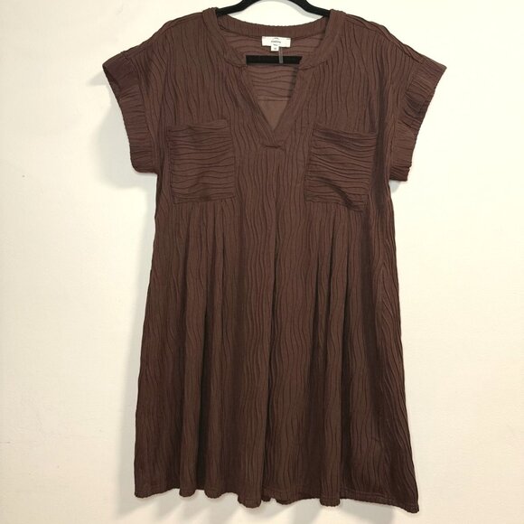 Crinkle Textured Brown Short Sleeve Dress Pockets Lined by Entro Size Women's M - Picture 1 of 8